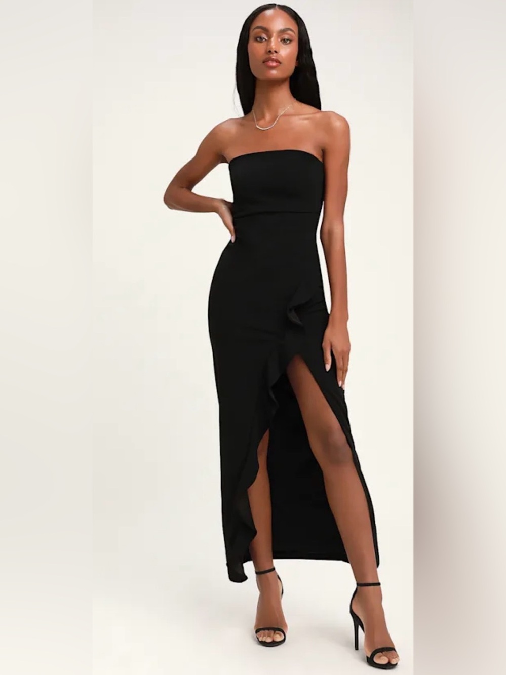 NWT Lulus Black Strapless Ruffle Slit Midi Maxi Dress XS